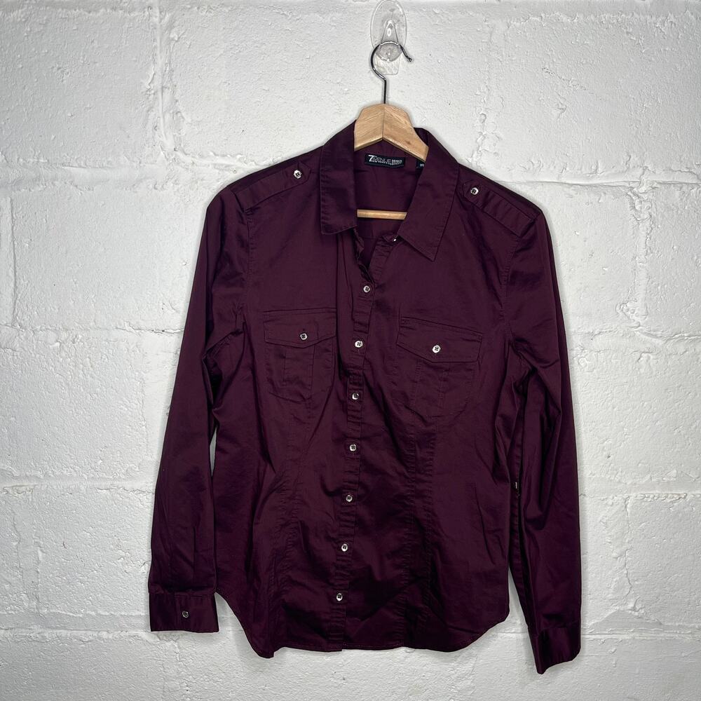 New York & Co Women's Roll Tab Sleeve Button Burgundy Career Shirt Size Medium